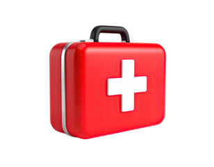 Rendered red medical case with white cross on front, isolated on black