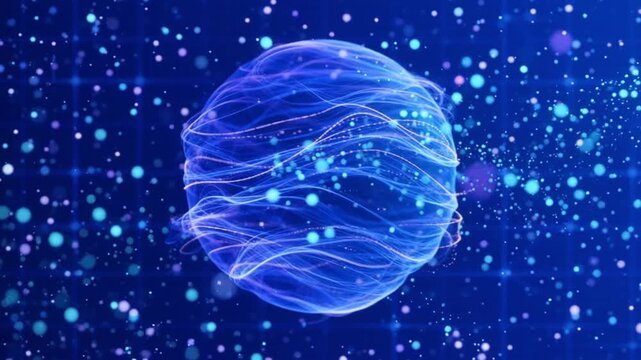 blue and purple neon 3d sphere of gradient waves and glowing particles abstract technology concept