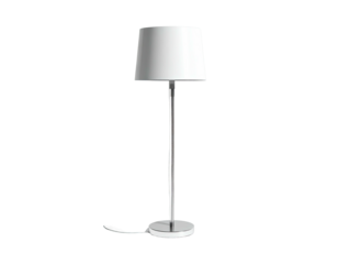 A simple, elegant floor lamp, with a white shade and chrome stem, on a black background