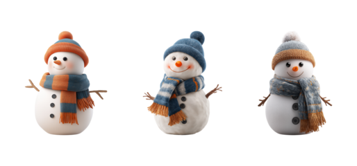 Three cute fabric snowmen with knitted hats and scarves isolated on transparent background