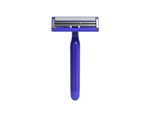 A close-up studio shot depicts a purple razor against a solid black backdrop