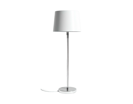 A simple, elegant floor lamp, with a white shade and chrome stem, on a black background