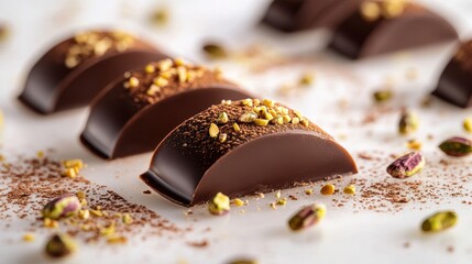 Dubai Chocolate Kunafa Pistachio on white background,Dubai Chocolate bar with green kadayif and pistachio spread,popular and viral chocolate 2024,space for text.