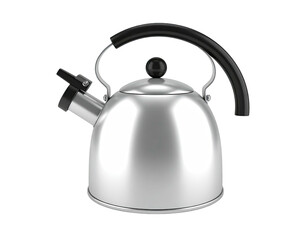 Shiny metal tea kettle with black handle, spout, and knob against a dark background