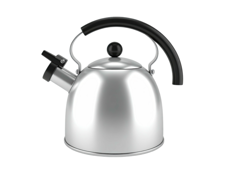 Shiny metal tea kettle with black handle, spout, and knob against a dark background