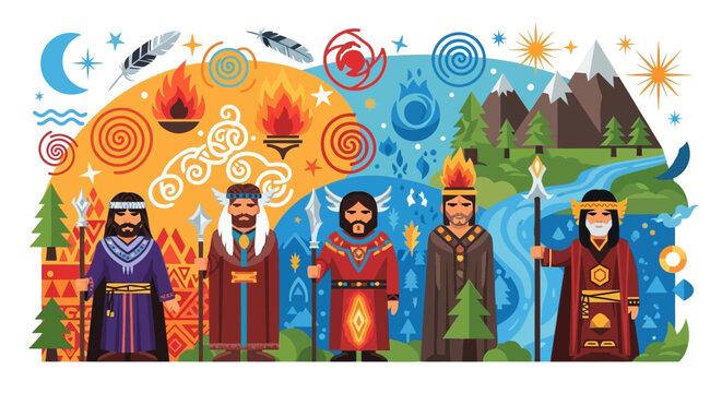 Slavic Gods Pantheon - Perun, Veles, Dazhbog, Stribog, Mokosh, mythology illustration.