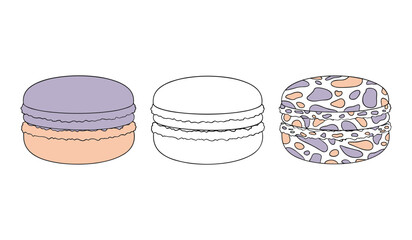 A set of three macarons one colored one outline one patterned cookie cookies
