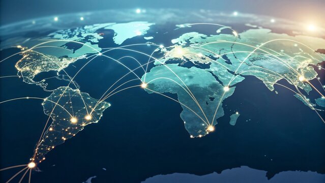 Digital connections across Earth at night showing continents cities illuminated and light trails