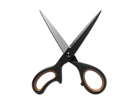 A close-up of black scissors with bronze details and a shiny, silver blade