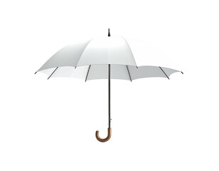 Isolated fully-open white umbrella against a dark backdrop with wooden handle