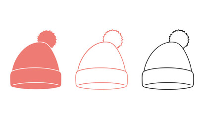 A set of three knitted winter hats with pom poms in coral and black outline knitted hat