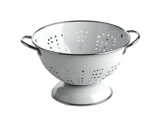 A pristine, white, metal colander with handles sits centered
