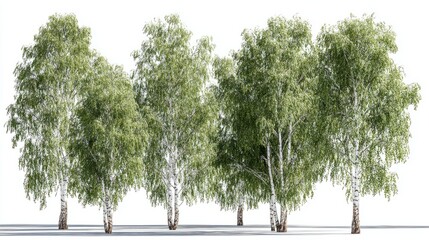 Collection of detailed 3D birch trees with lush green leaves, clean transparent background, realistic rendering for garden design scenes