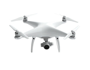 A glossy white quadcopter drone with propellers and camera, isolated on black