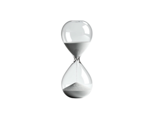 Clear hourglass shows grains of sand slowly falling against a black backdrop