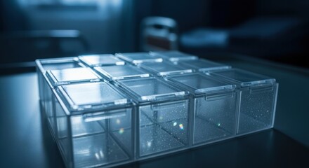 Close-up of clear plastic storage containers with lids in a laboratory setting showcases