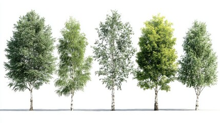 Fototapeta premium Detailed 3D birch tree models with realistic textures, full green canopies, isolated on transparent background for garden and park renderings
