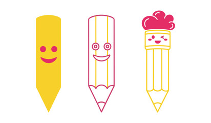 A set of three cartoon pencils with faces and pink hair on white background character drawing