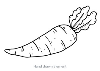 Simple black and white illustration of a single carrot with green leafy top, hand-drawn style.