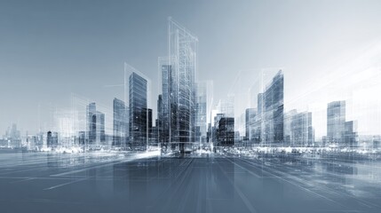 Dynamic 3D render of city architecture blending with digital blueprints, futuristic skyline, white gradient background, professional visualization