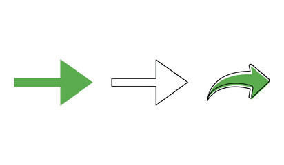 A set of three green and outline arrows pointing right on white background direction forward