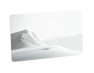 Stark white snowy mountain scene under a hazy, pale sky