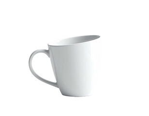 Simple white ceramic mug with an angled rim and a rounded handle, on black