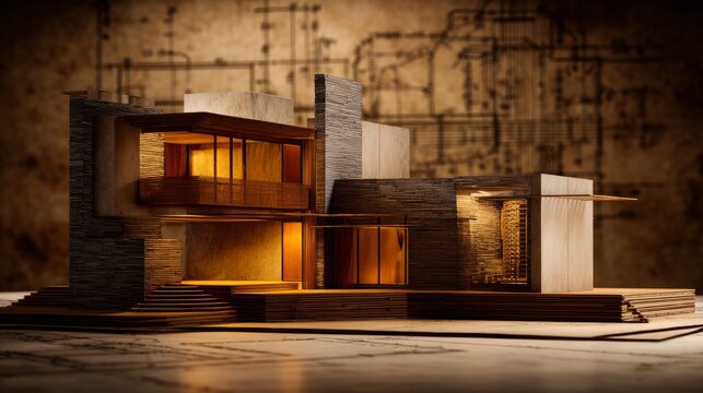 Elegant architectural model rendered in 3D, showcasing form and function with blueprint design backdrop, modern materials and lighting - Powered by Adobe