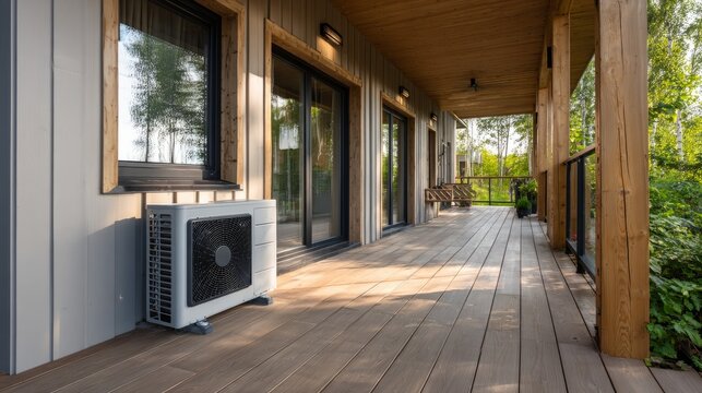 Exterior architectural view, modern gray heat pump on deck, light brown wood flooring with pale house siding and timber accents