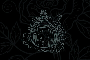Decorative bottle surrounded by leaves and flowers in an artistic black background design