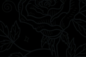 Black and white floral illustration featuring a detailed rose design on a dark background
