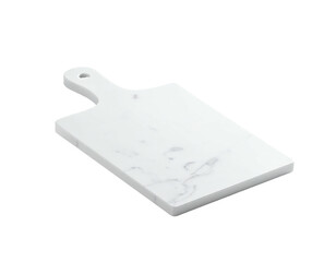 Angled overhead shot of a rectangular marble cutting board with handle
