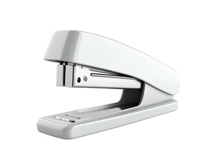 A glossy, white stapler resting on a dark background, well lit, angled slightly