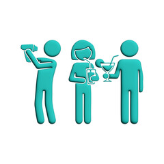 Turquoise stick figures enjoying refreshing beverages at a party, socializing and having fun in 3D minimalist style.