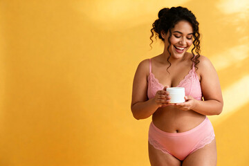 Happy confident curvy young woman in pink lace lingerie smiling while holding white cosmetic cream jar, promoting self-care and body positivity on a vibrant yellow background.