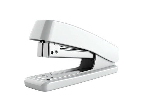 A glossy, white stapler resting on a dark background, well lit, angled slightly - Powered by Adobe