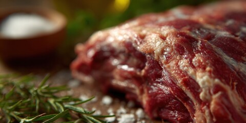 A whole leg of lamb shows red and white stripes, presenting a distinct layering effect. It highlights the tenderness and plumpness of the meat. The green plants and seasoning bowls in the background a