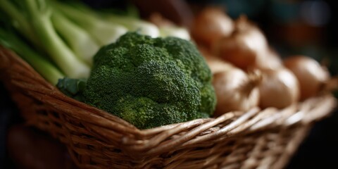 Lifestyle close-up of a wicker basket filled with green broccoli and golden onions; soft daylight, shallow focus, natural rustic mood.