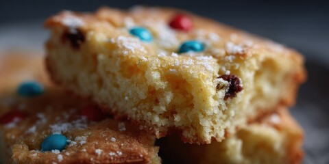 Macro close-up of moist crumb and crisp crust of a sliced loaf cake sprinkled with sugar; warm tones, shallow DOF, appetizing texture for bakery and recipes.