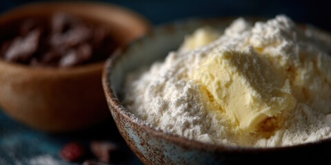 Rustic ceramic bowl filled with flour and butter ready for mixing; soft side light, shallow focus, ideal for baking tutorials, cookbooks and blogs.