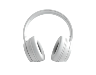 A white over-ear headset displayed against a stark black background