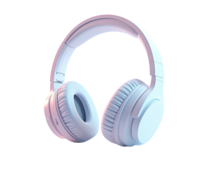 White over-ear headphones, illuminated with pink and blue light on a black background