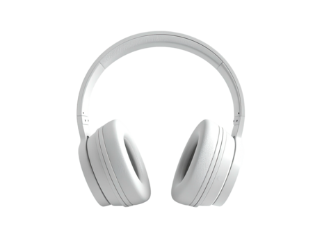 A white over-ear headset displayed against a stark black background