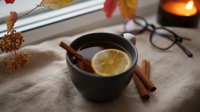 cup of tea and cinnamon sticks, autumn