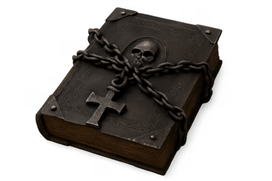 Grimoire with skull and cross locked by chains
