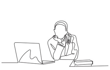 continuous line drawing of a woman sitting at a desk, thoughtfully looking at a laptop screen. Single line-art girl thinking with a laptop, symbolizing work, creativity, or problem-solving.Vector 
