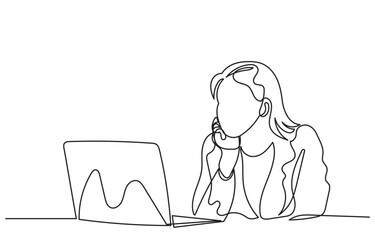continuous line drawing of a woman sitting at a desk, thoughtfully looking at a laptop screen. Single line-art girl thinking with a laptop, symbolizing work, creativity, or problem-solving.Vector 