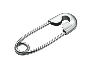 A metallic, curved safety pin, gleaming with a subtle reflection, against black