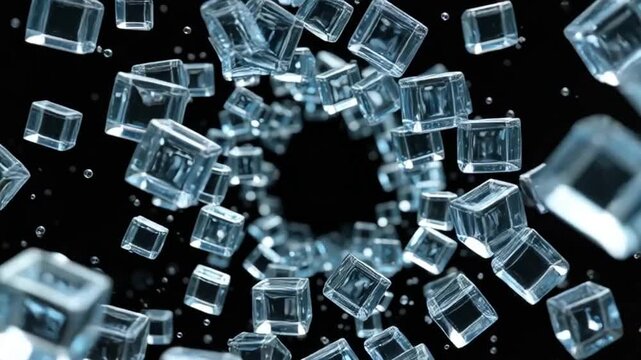 abstract iridescent glass cubes on a black background 3d render in slow motion