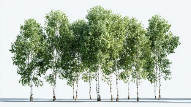 Group of realistic 3D green birch trees, isolated on transparent background, crisp lighting, professional digital landscape visualization